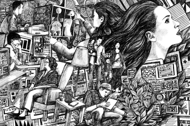The black-and-white illustration showcases various scenes that capture the role of AI in enhancing and impacting different aspects of human life.