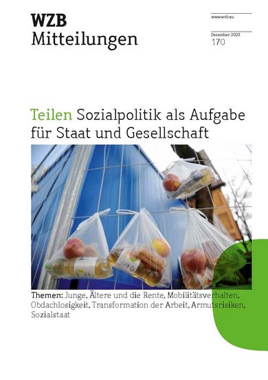 Cover WZB-Mitteilungen 170 (Teilen): mit Lebensmitteln gefüllte Plastiktüten am Zaun